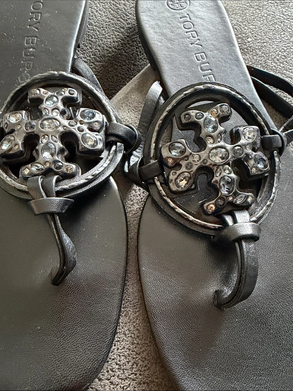 Tory Burch Black Jeweled Miller Thong Sandals - Crystal Accents